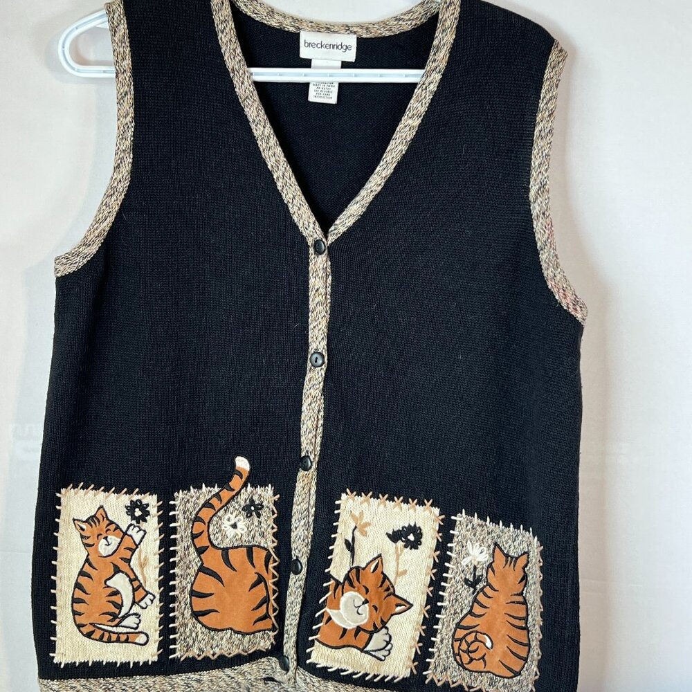Vintage 90s Breckenridge Cat VestWhimsical Folk‑Art Knit Appliqué Embroidered M